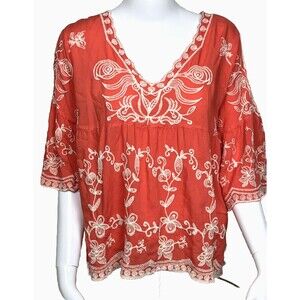Solitaire Babydoll Boho Blouse Embroidery 3/4 Sleeve Peasant Top Coral Red Large